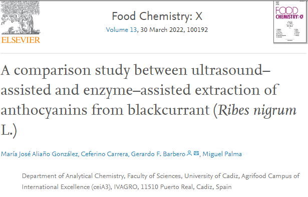 A comparison study between ultrasound–assisted and enzyme–assisted extraction of anthocyanins from blackcurrant (Ribes nigrum L.)