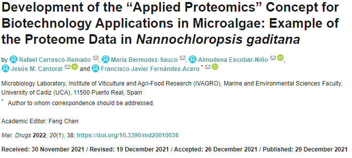 Development of the “applied proteomics” concept for biotechnology applications in microalgae: Example of the proteome data in nannochloropsis gaditana
