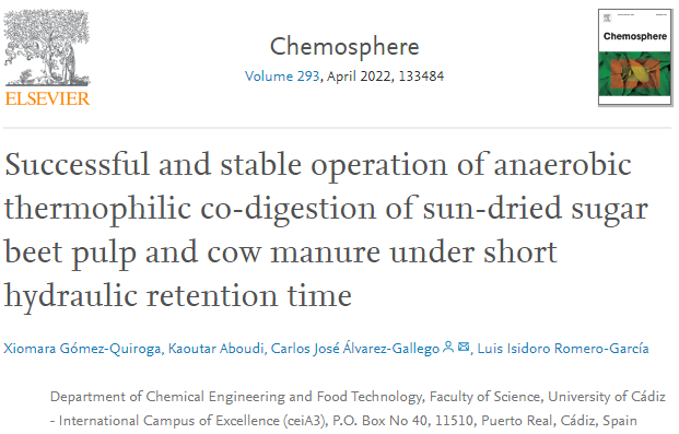 Successful and stable operation of anaerobic thermophilic co-digestion of sun-dried sugar beet pulp and cow manure under short hydraulic retention time