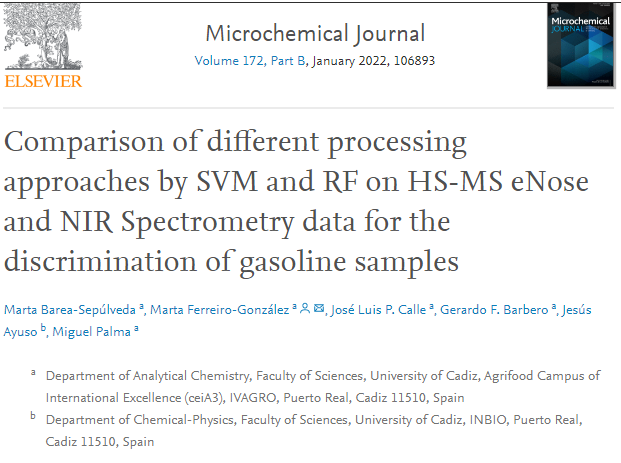 Comparison of different processing approaches by SVM and RF on HS-MS eNose and NIR Spectrometry data for the discrimination of gasoline samples