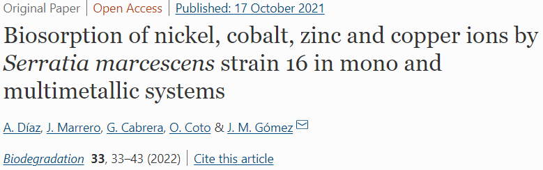 Biosorption of nickel, cobalt, zinc and copper ions by Serratia marcescens strain 16 in mono and multimetallic systems